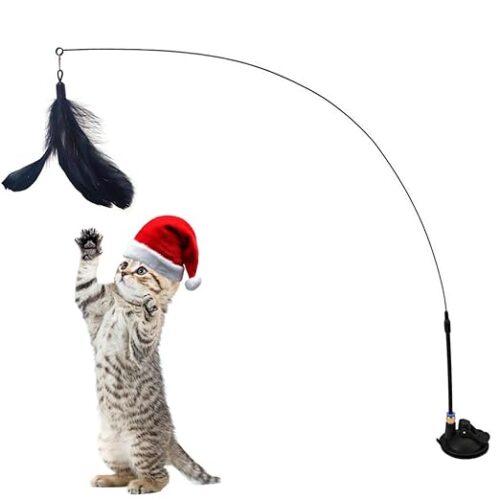 Qpets® Cat Toys for Persian Cat, Interactive Cats Teaser Wand Toys for Kitten with Bell & Feather, Sticky Suction Cup Base Elastic Stick Fun Indoor Pet Playing Accessories
